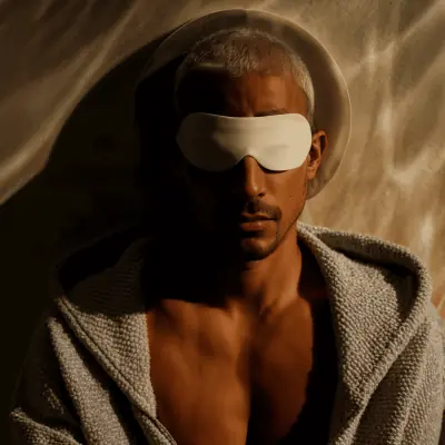 Man wearing sleep mask during luxury nighttime recovery ritual