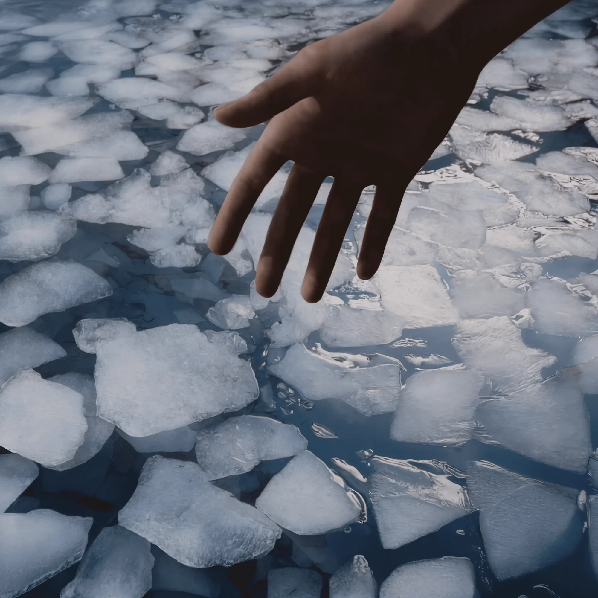 Hand reaching over floating ice in cold water wellness therapy concept