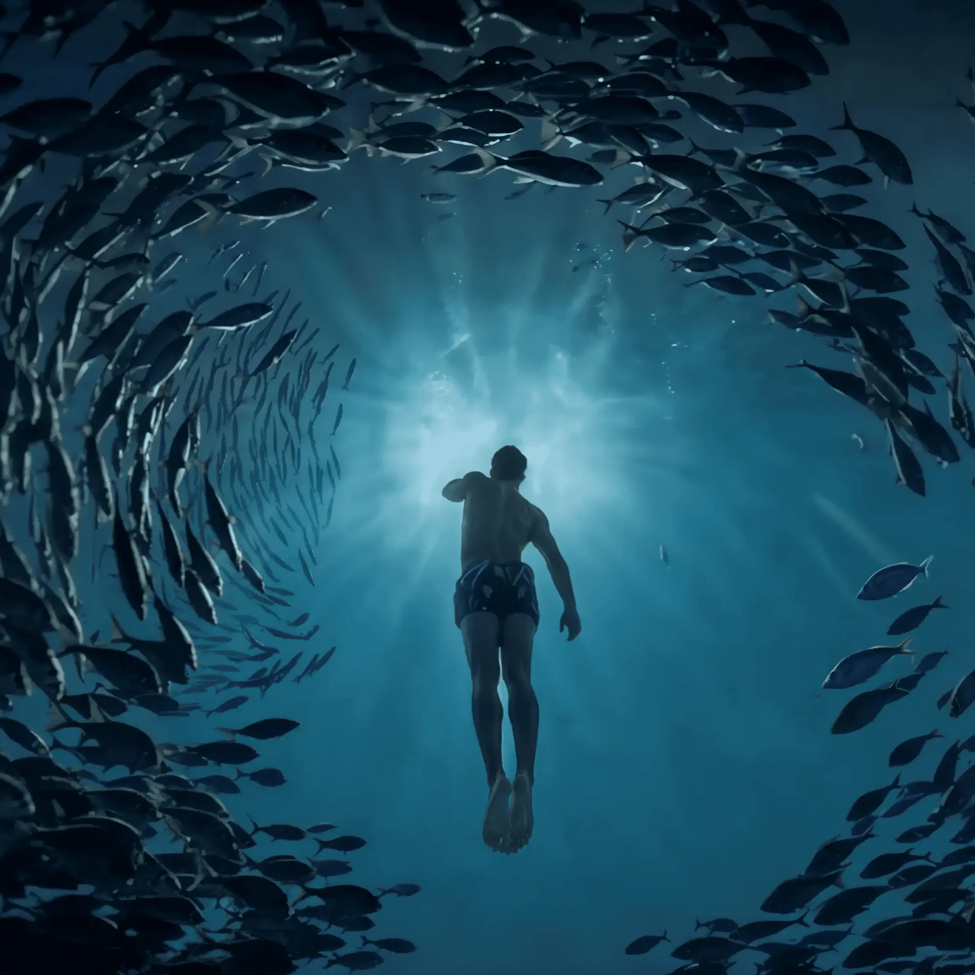 Underwater swimmer surrounded by swirling school of fish in deep blue ocean