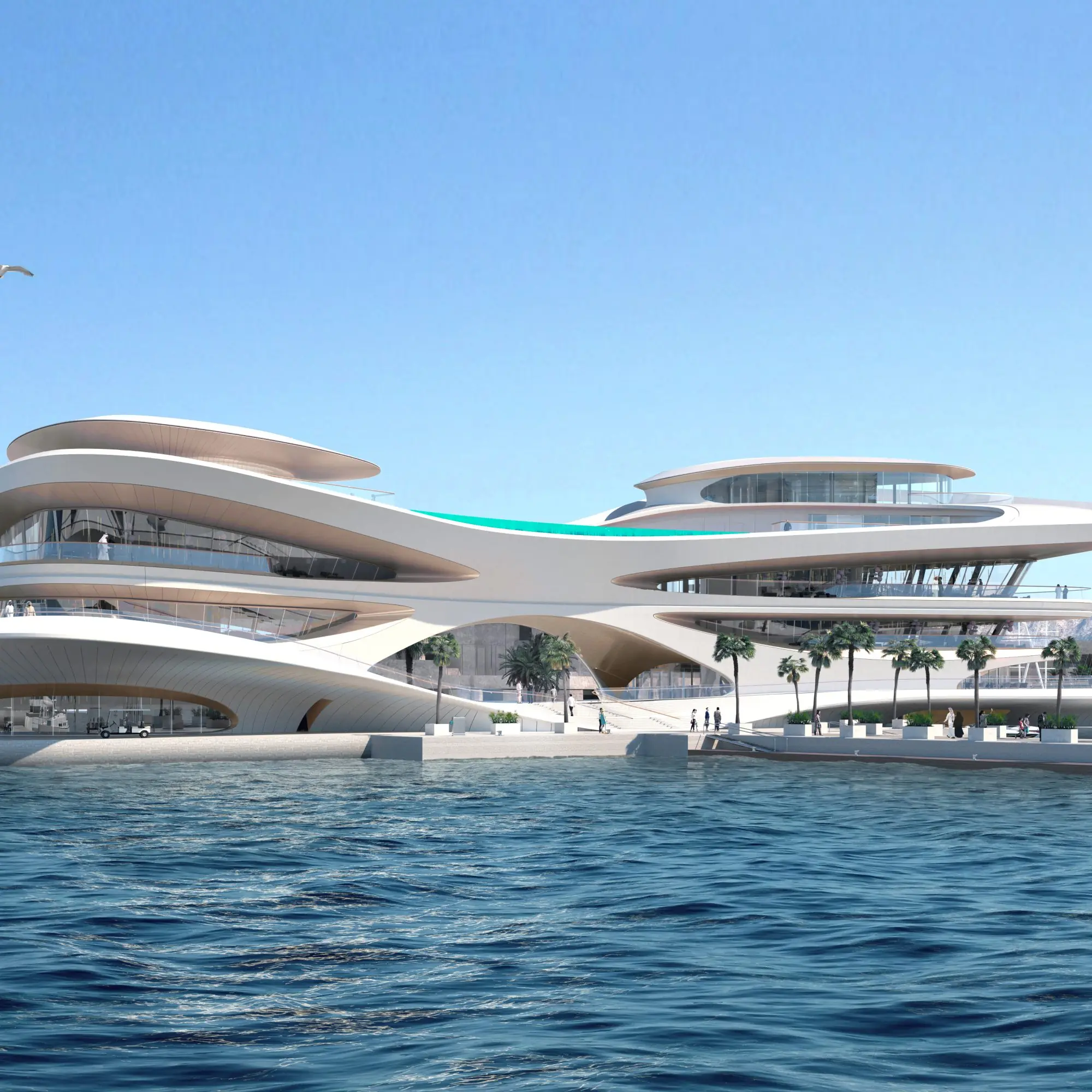 Futuristic luxury yacht club architecture over waterfront marina
