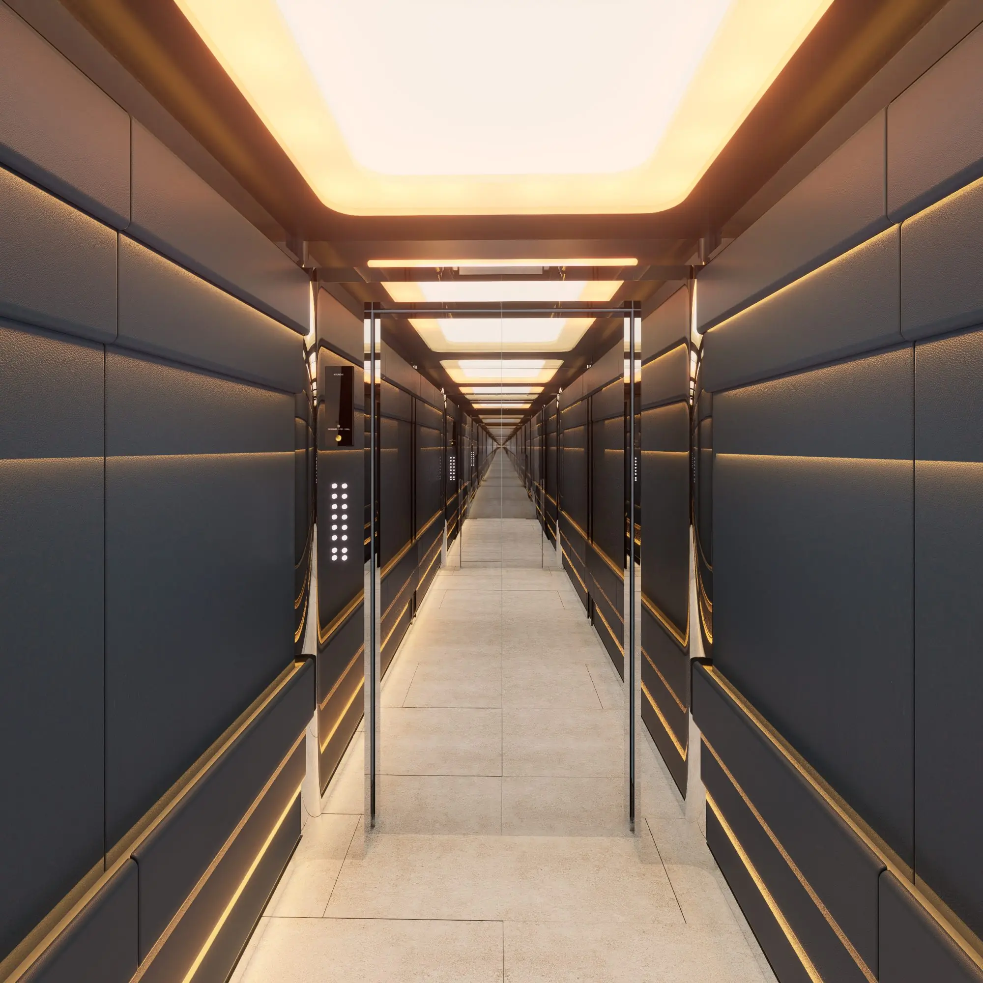 Luxury hotel elevator lobby with sophisticated architectural detailing