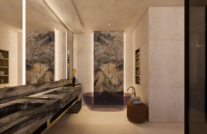 Premium marble bathroom with spa-inspired interiors and ambient lighting