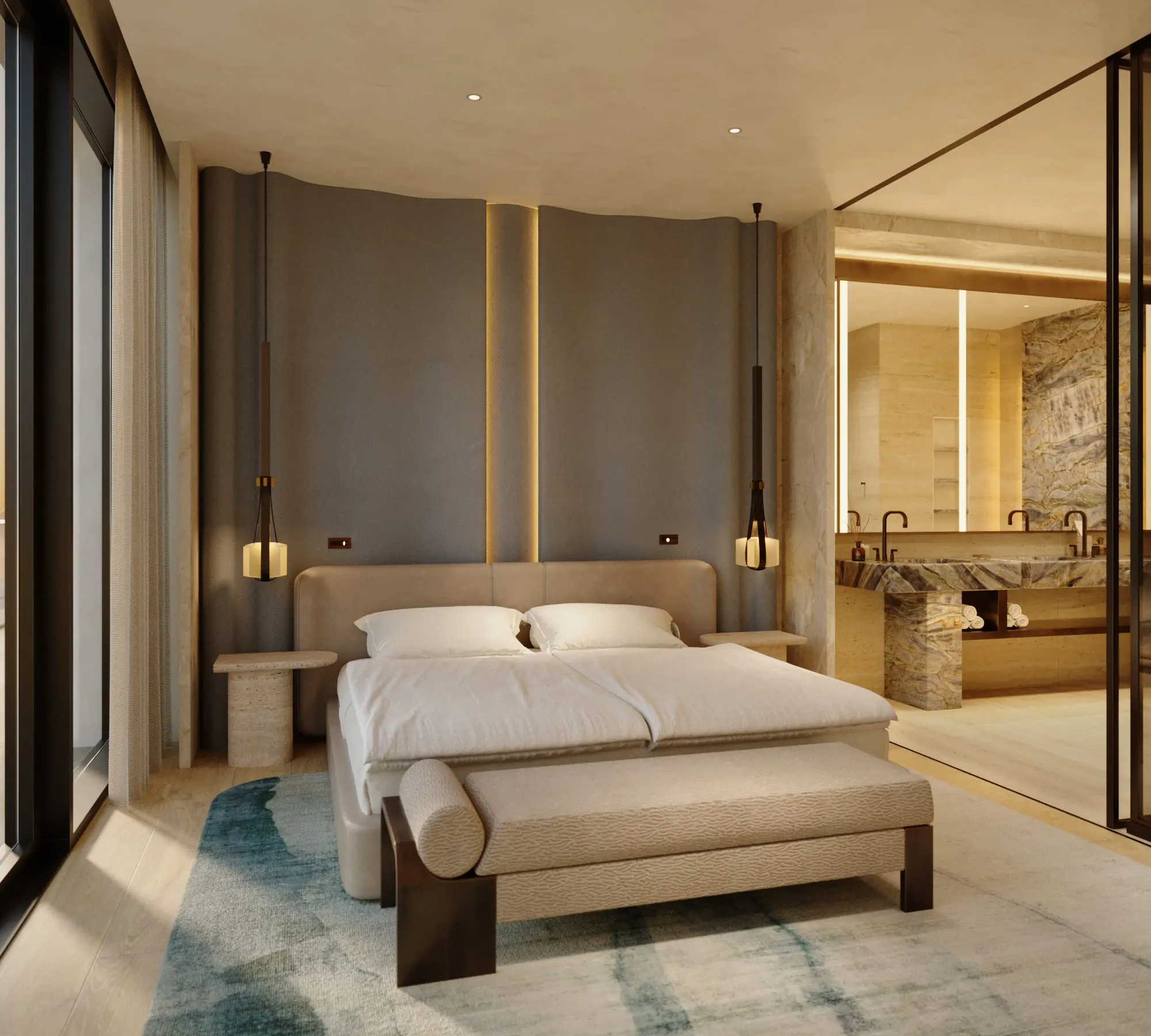 Luxury penthouse bedroom with premium hospitality interior design