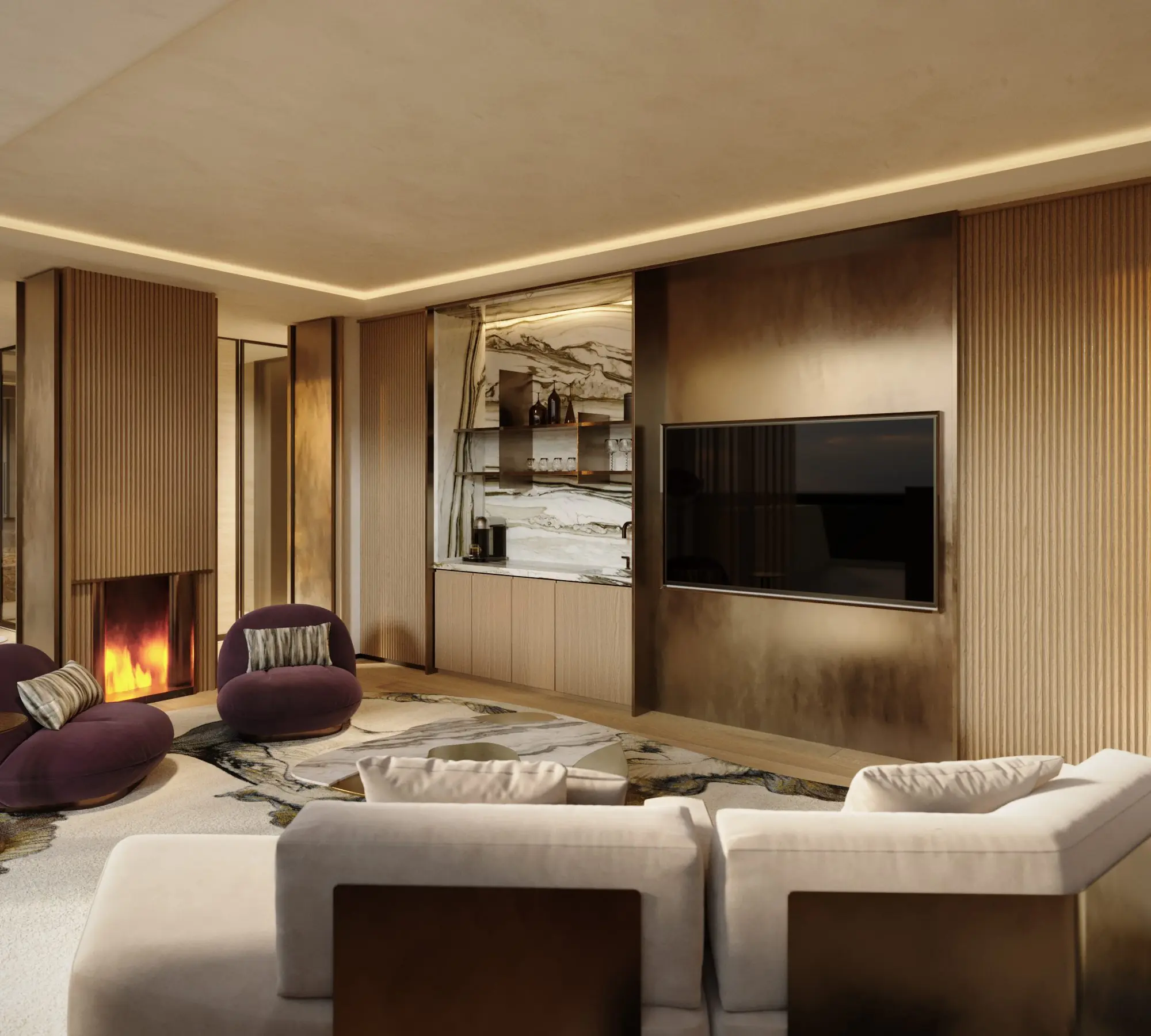 Luxury penthouse living room with modern interiors and panoramic views