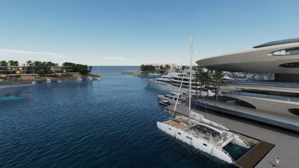 Aerial view of luxury marina development and coastal architecture