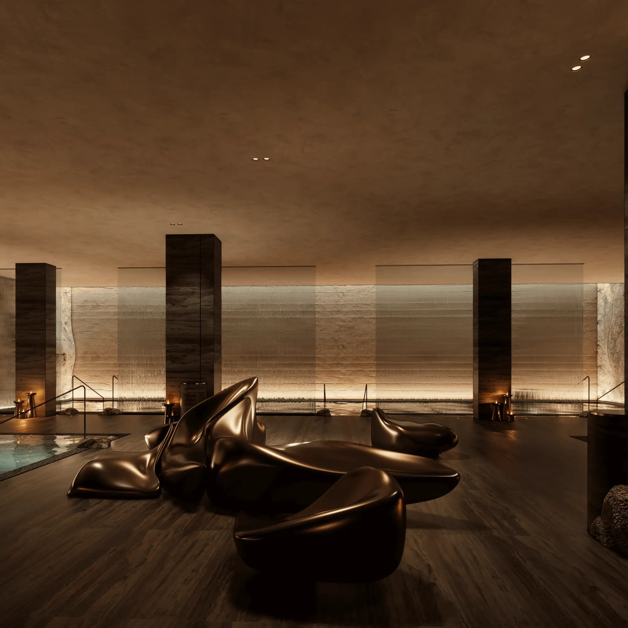 Luxury thermal spa lounge with sculptural seating and relaxation pools