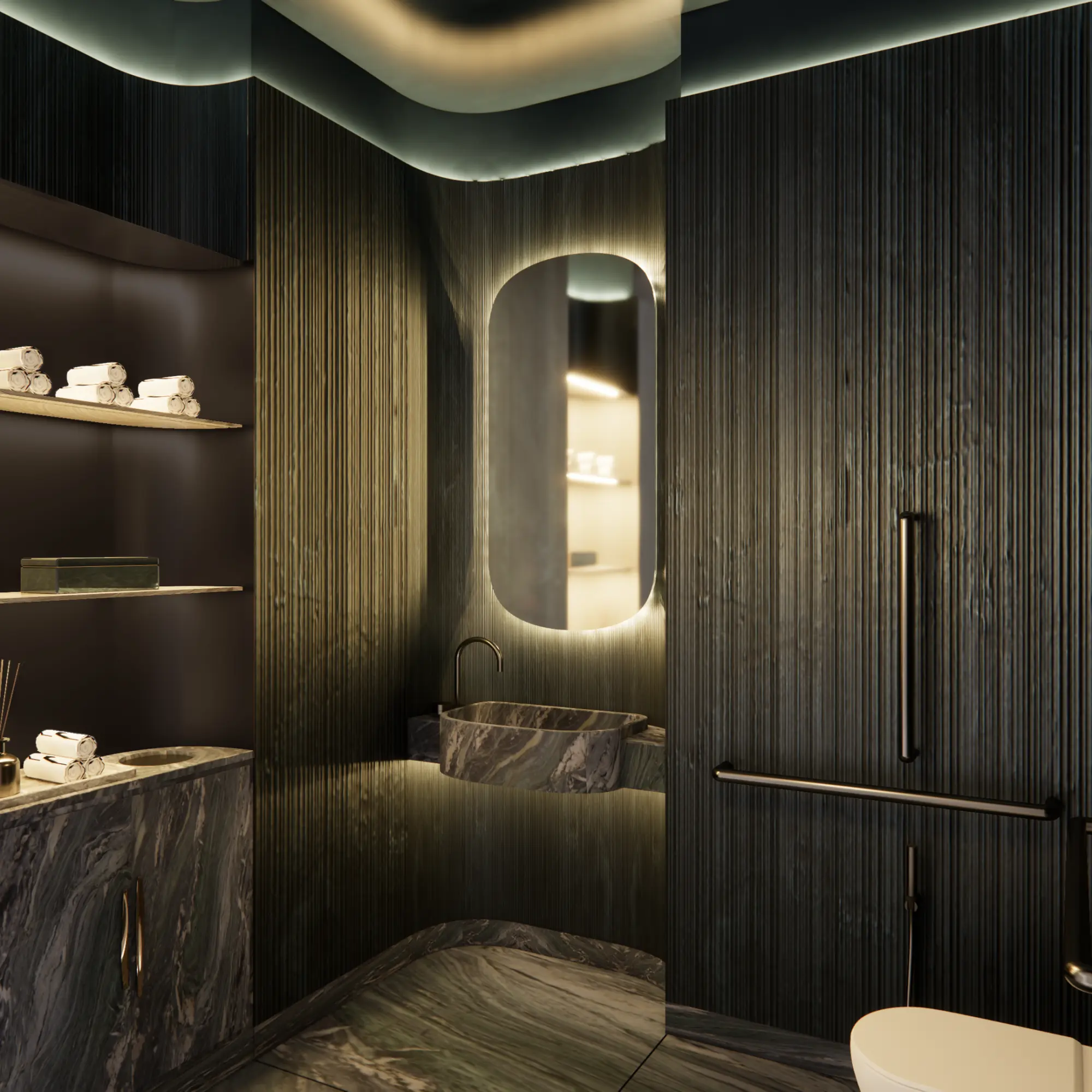 Luxury spa restroom with marble finishes and ambient lighting