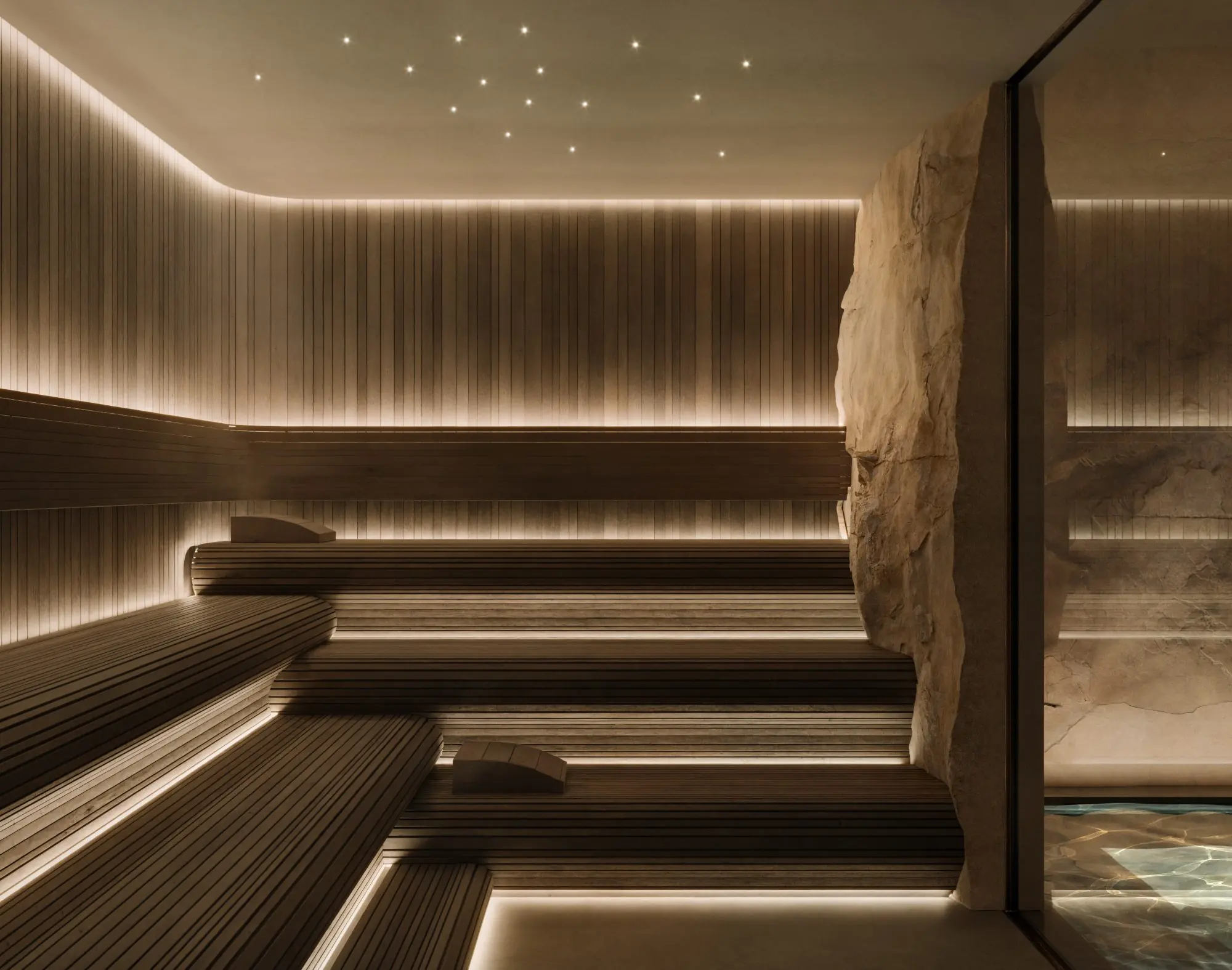 Luxury spa sauna with ambient lighting and natural stone details