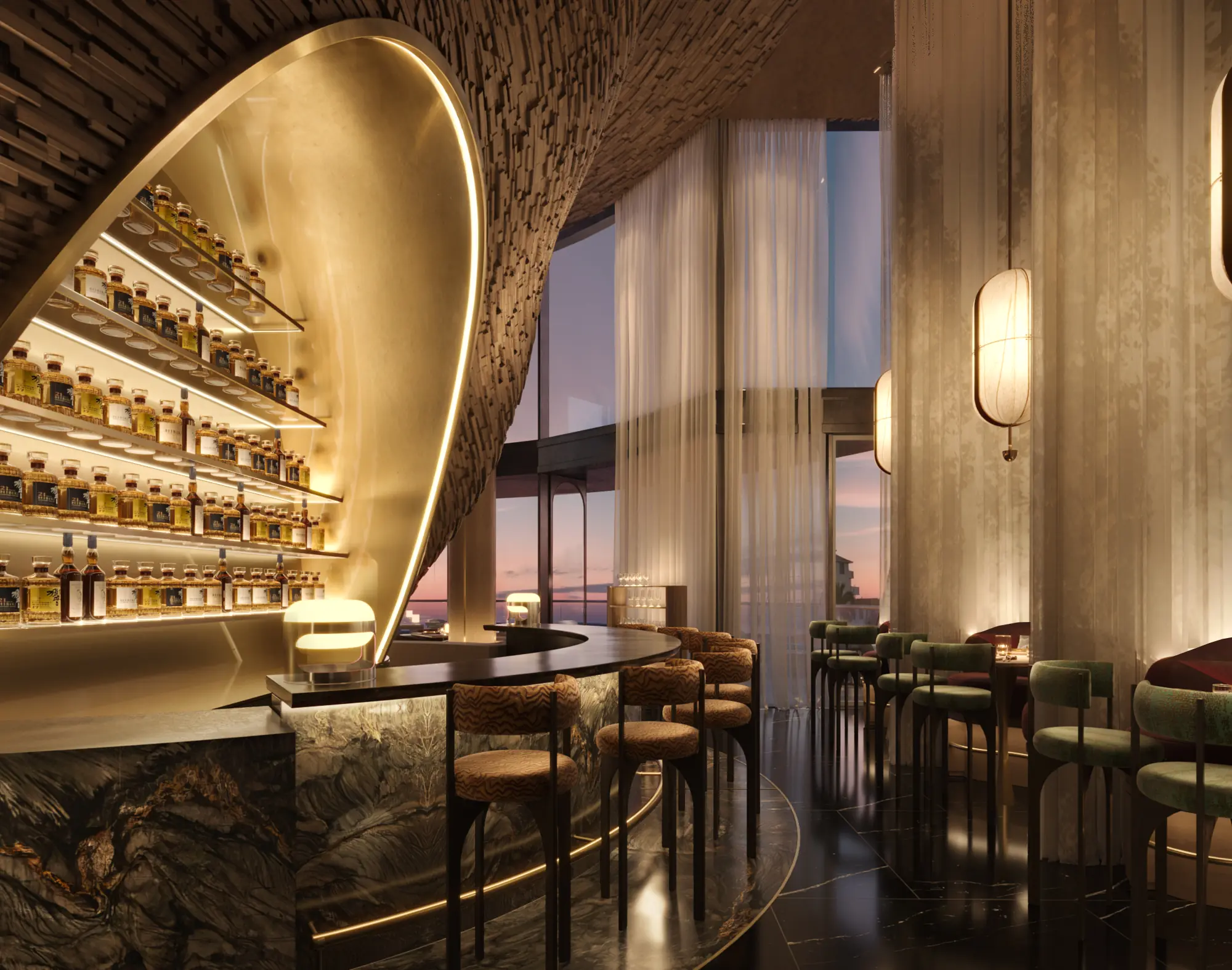 Upscale restaurant bar interior with mood lighting and premium finishes
