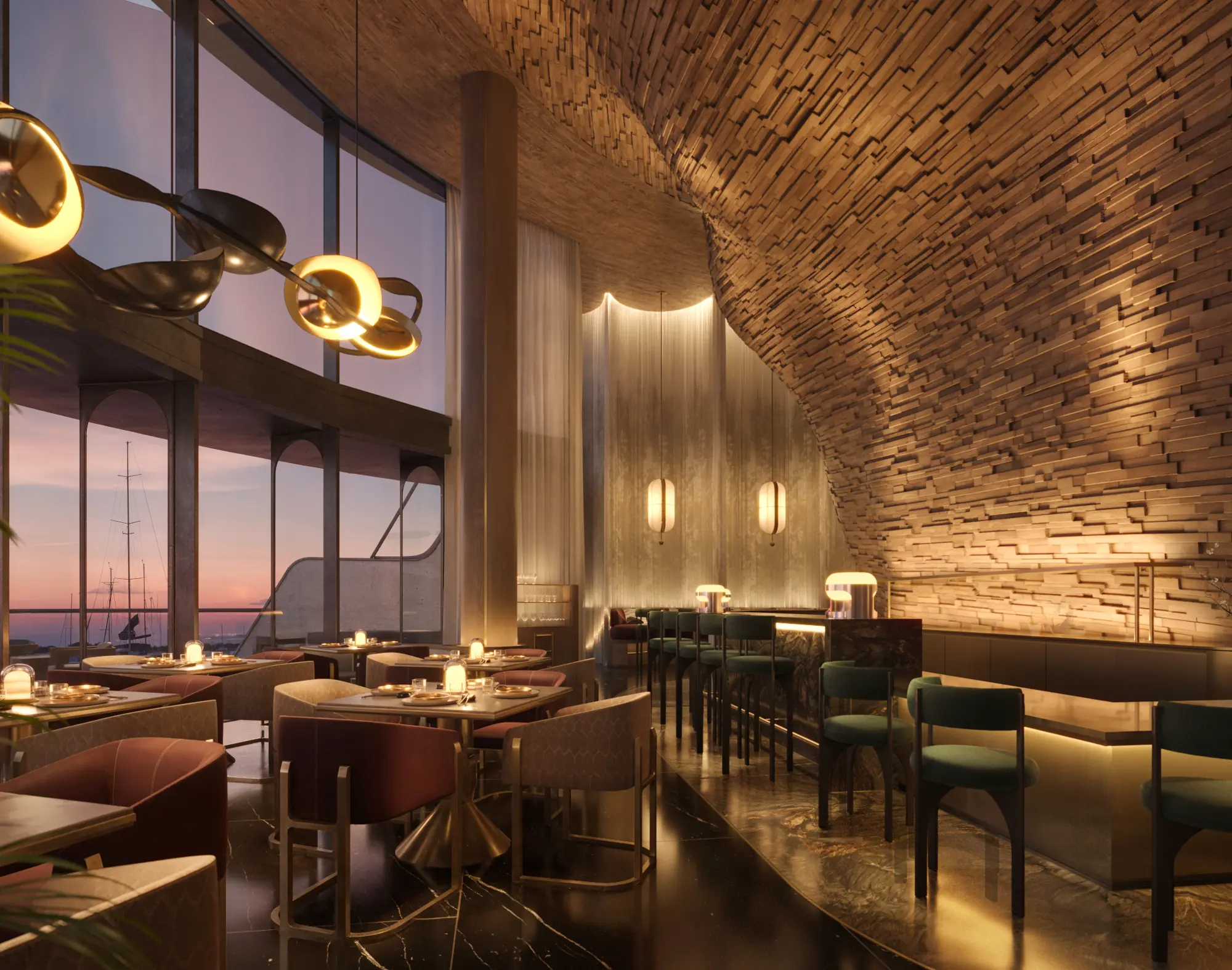 Elegant fine dining restaurant interior with sculptural wooden ceiling
