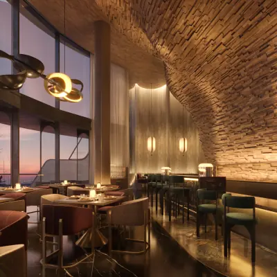 Elegant fine dining restaurant interior with sculptural wooden ceiling