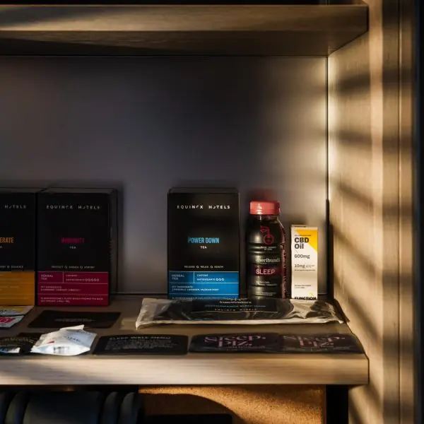 Curated sleep essentials and recovery products at Equinox Hotel