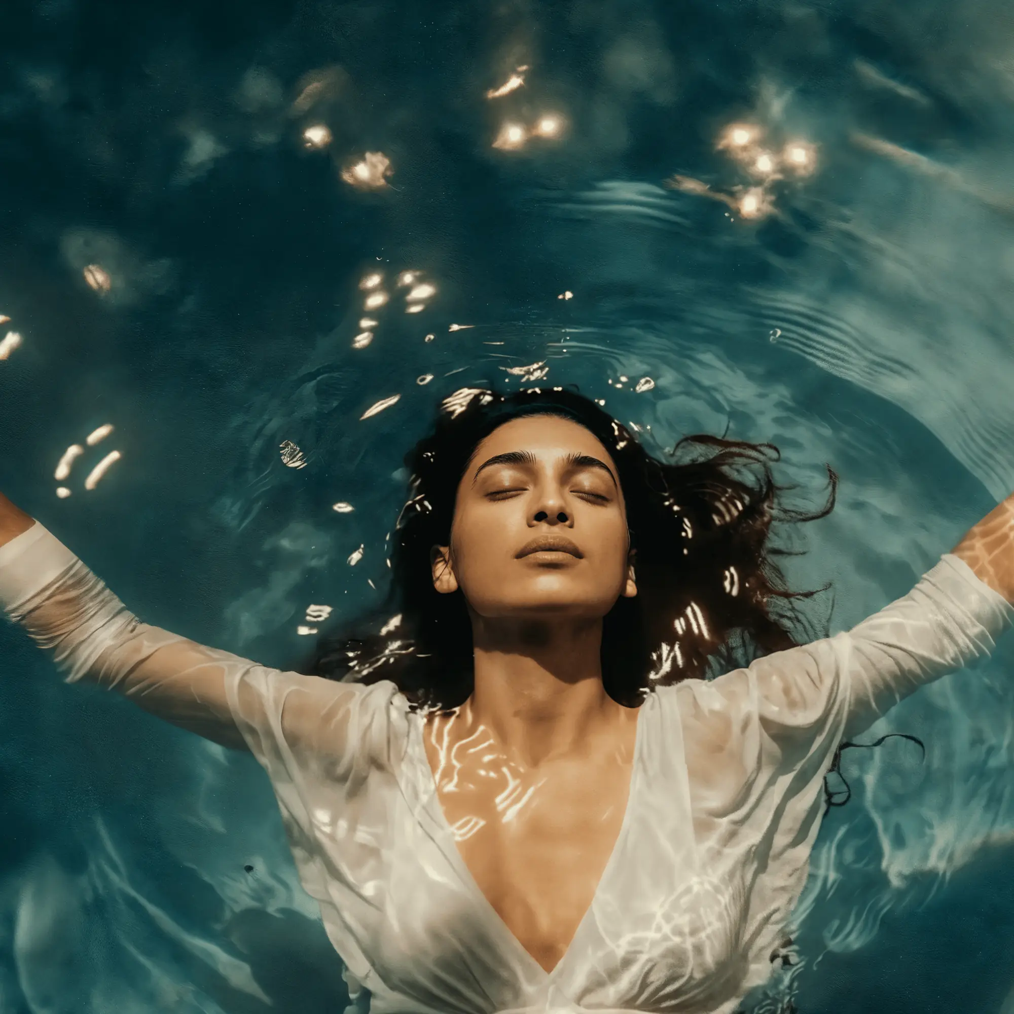 Woman floating peacefully in water wellness therapy