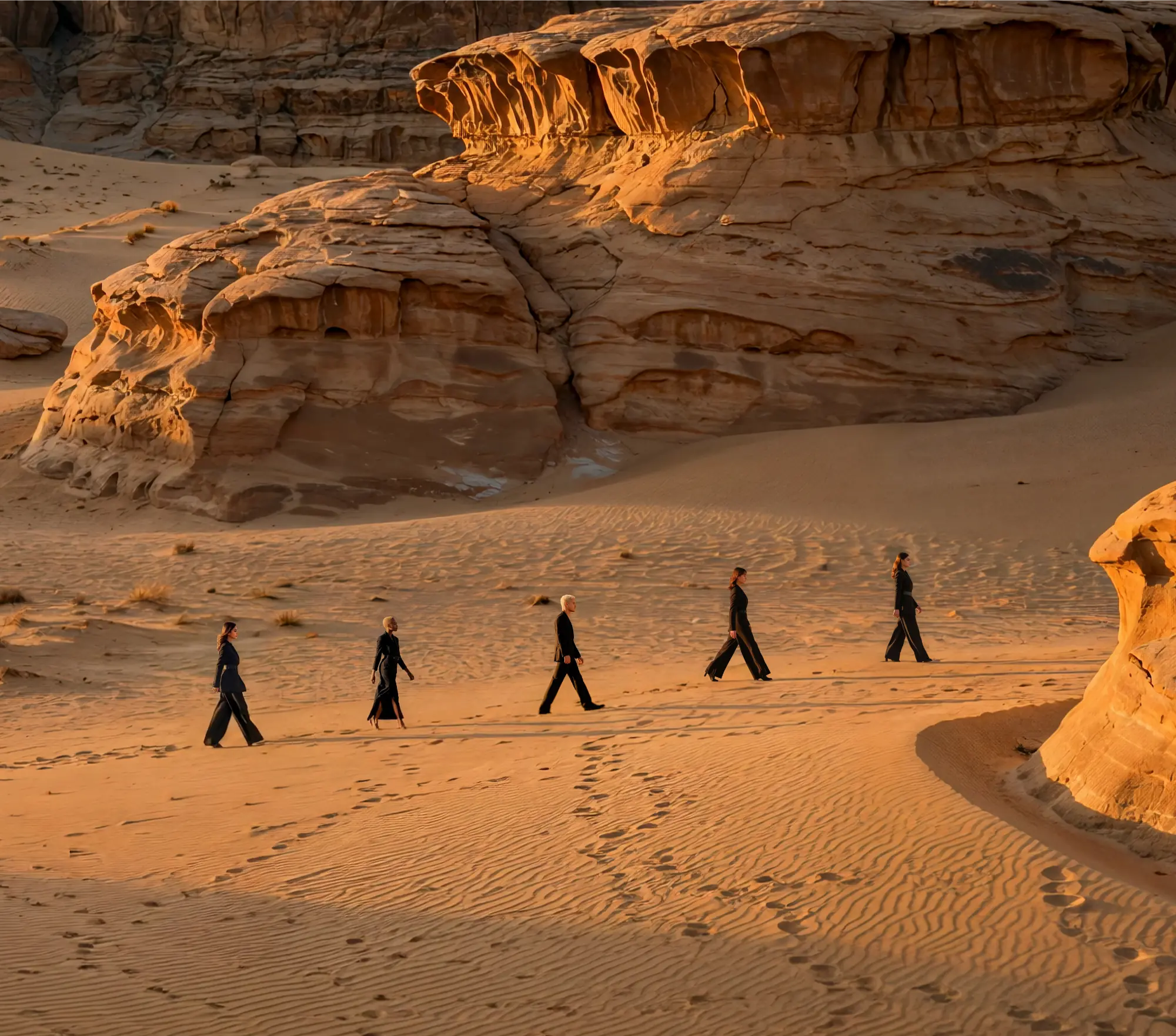 Guests walking through the desert landscapes of Amaala