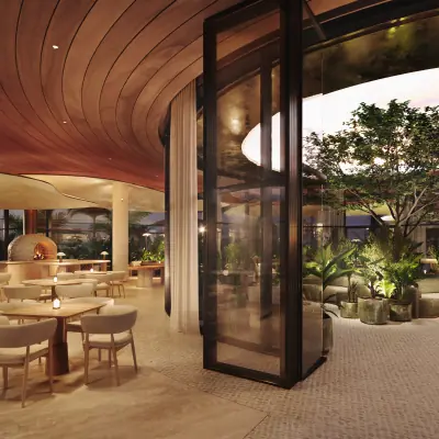 Luxury dining area with pizza oven and outdoor seating