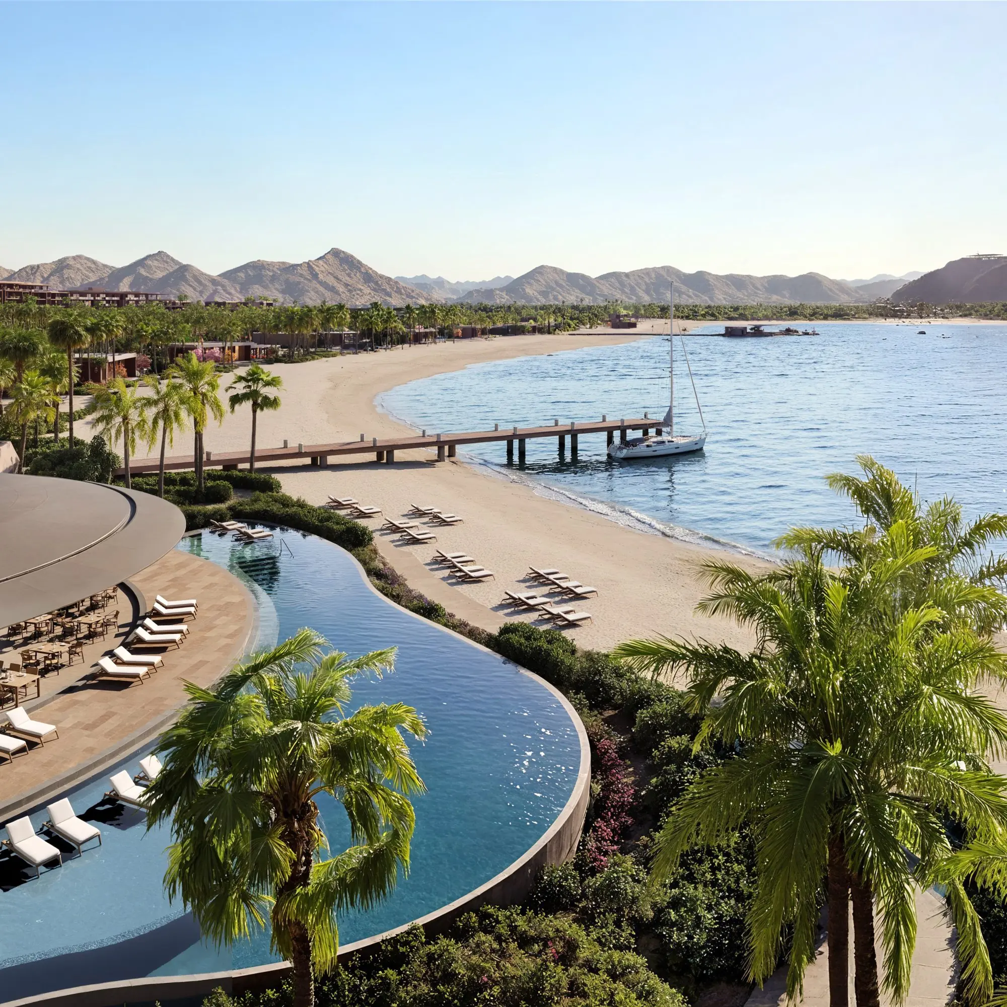 Luxury beachfront resort and infinity pool overlooking the Red Sea