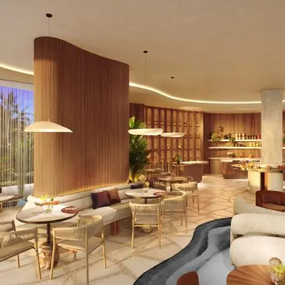 Elegant wellness lounge and dining interior