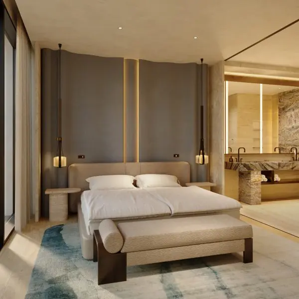 Luxury penthouse bedroom with modern marble bathroom
