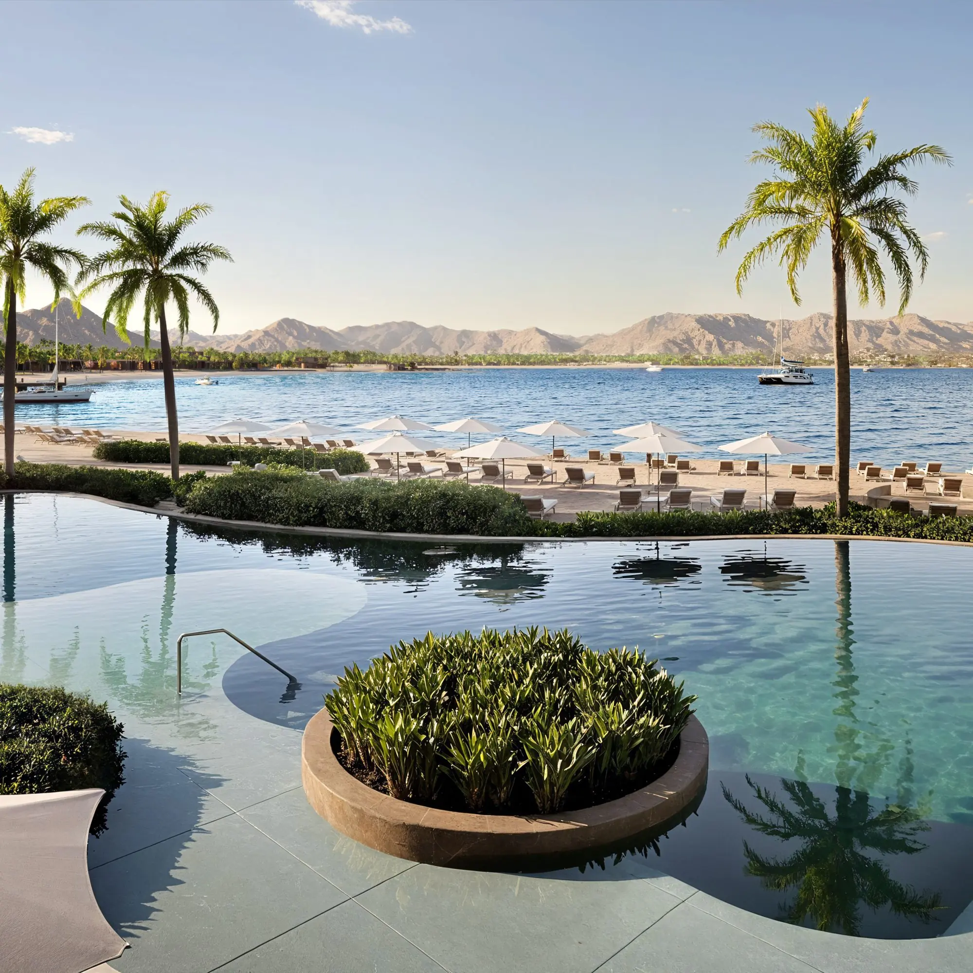 Beachfront resort pool with palm trees and mountain views