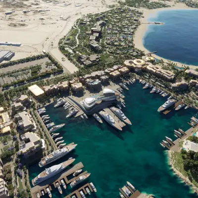 Aerial view of luxury marina and yacht club at Amaala
