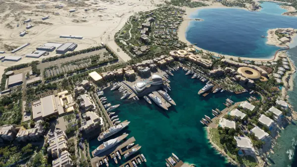 Aerial view of luxury marina and yacht club at Amaala