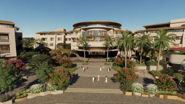 Front entrance view of Equinox Resort Amaala