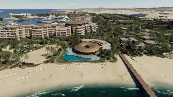Beachfront aerial view of Equinox Resort Amaala