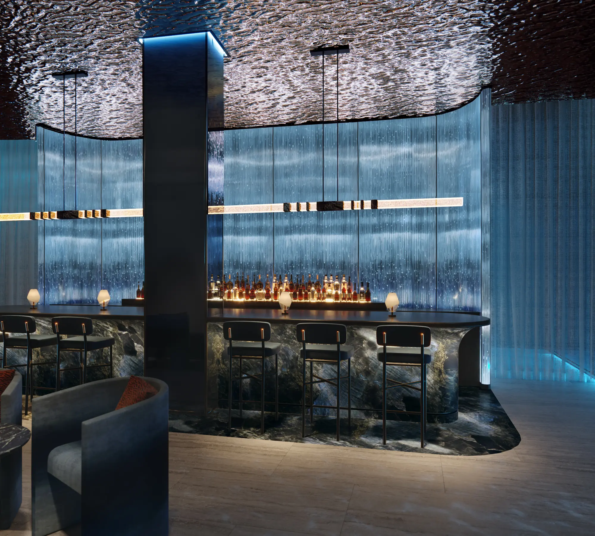 Luxury spa speakeasy lounge interior