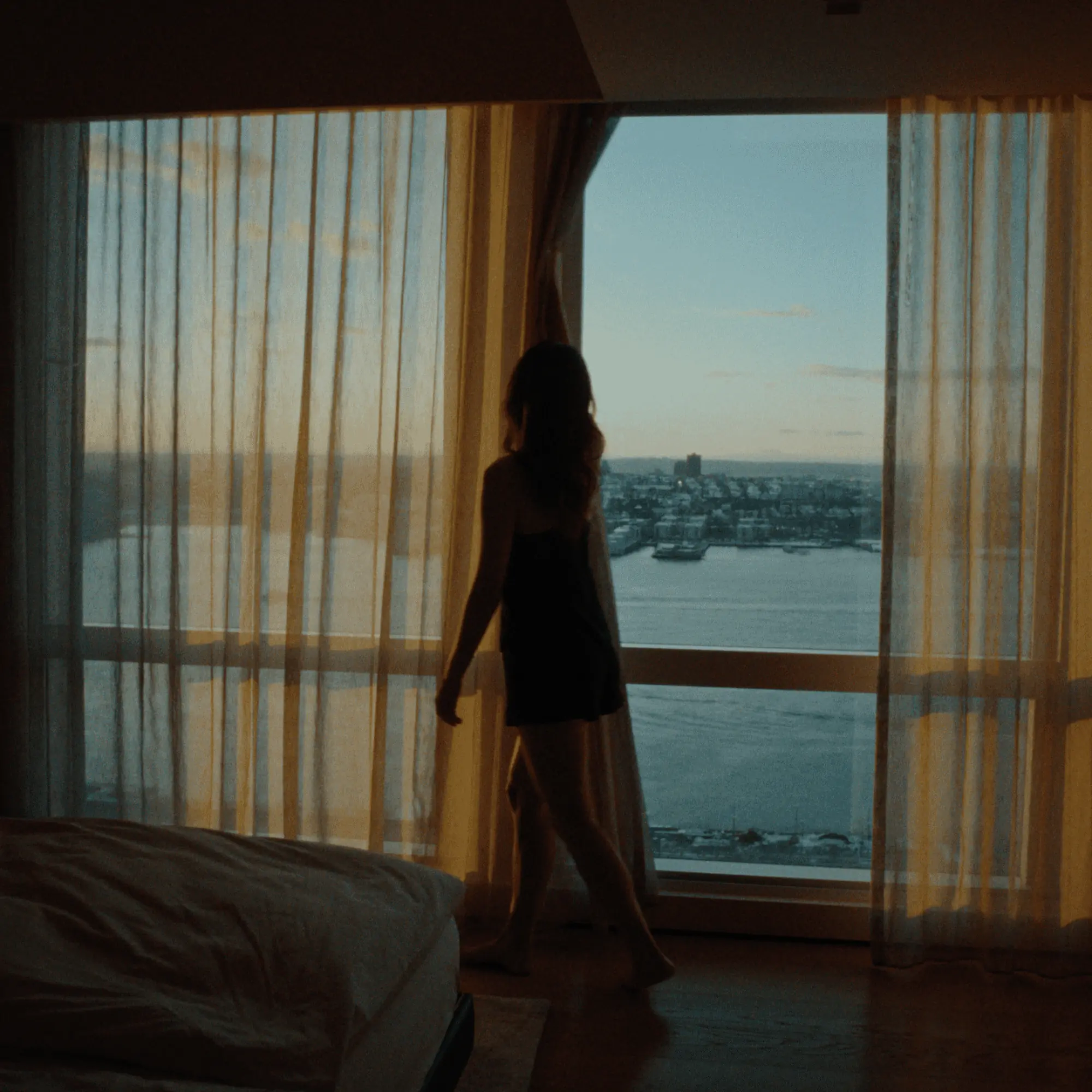 Luxury hotel room with panoramic waterfront view