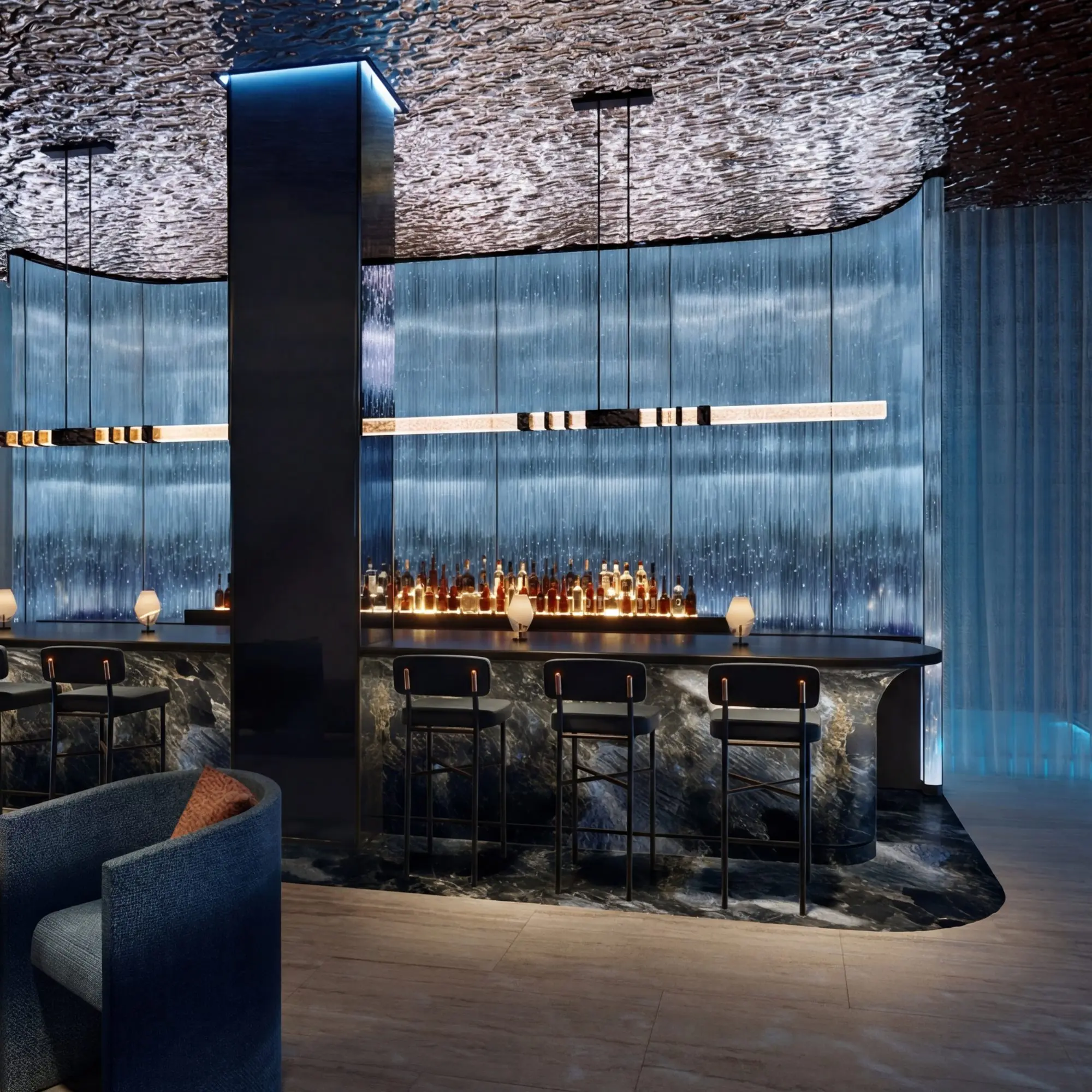 Luxury cocktail bar with modern blue interior