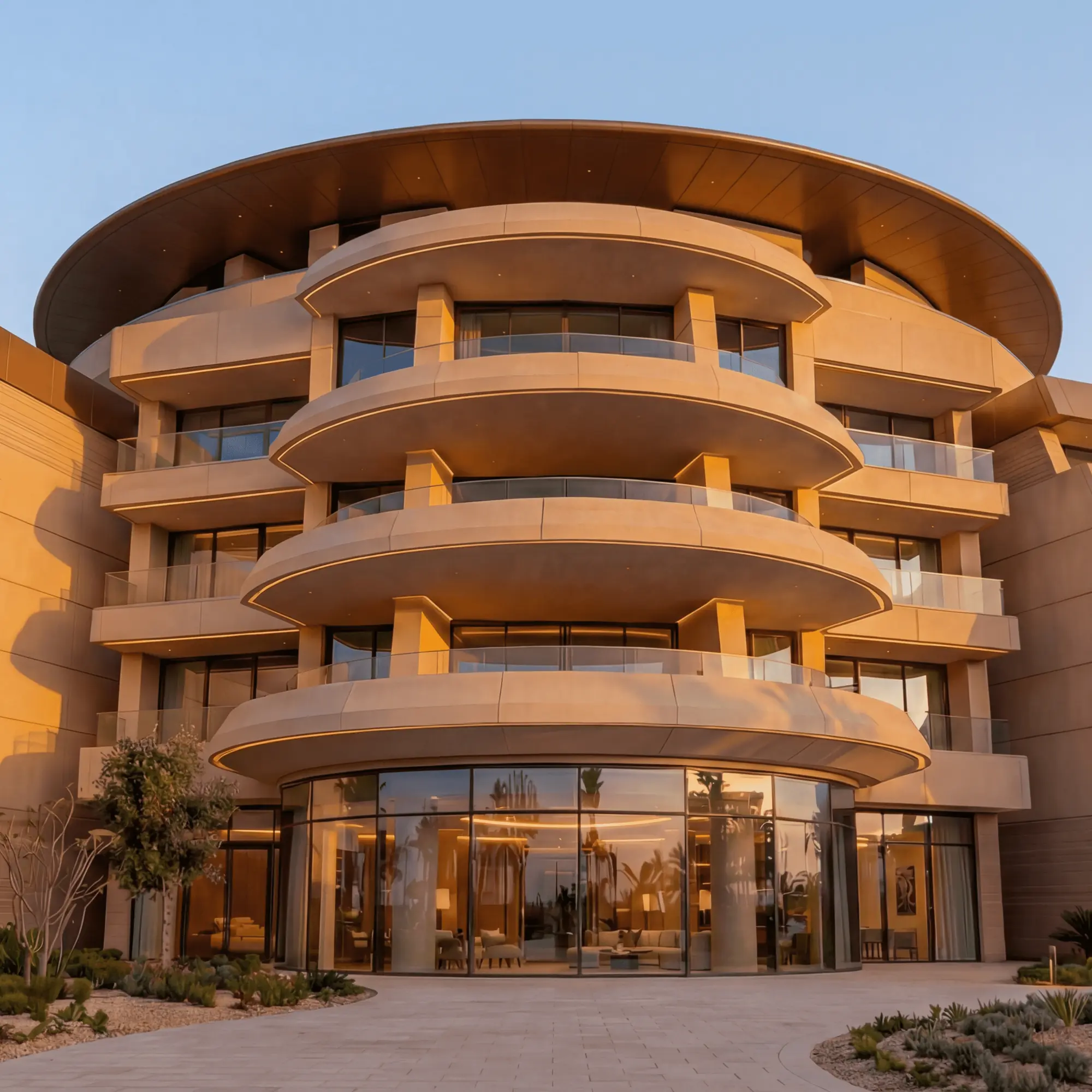 Modern luxury hotel exterior with curved balconies