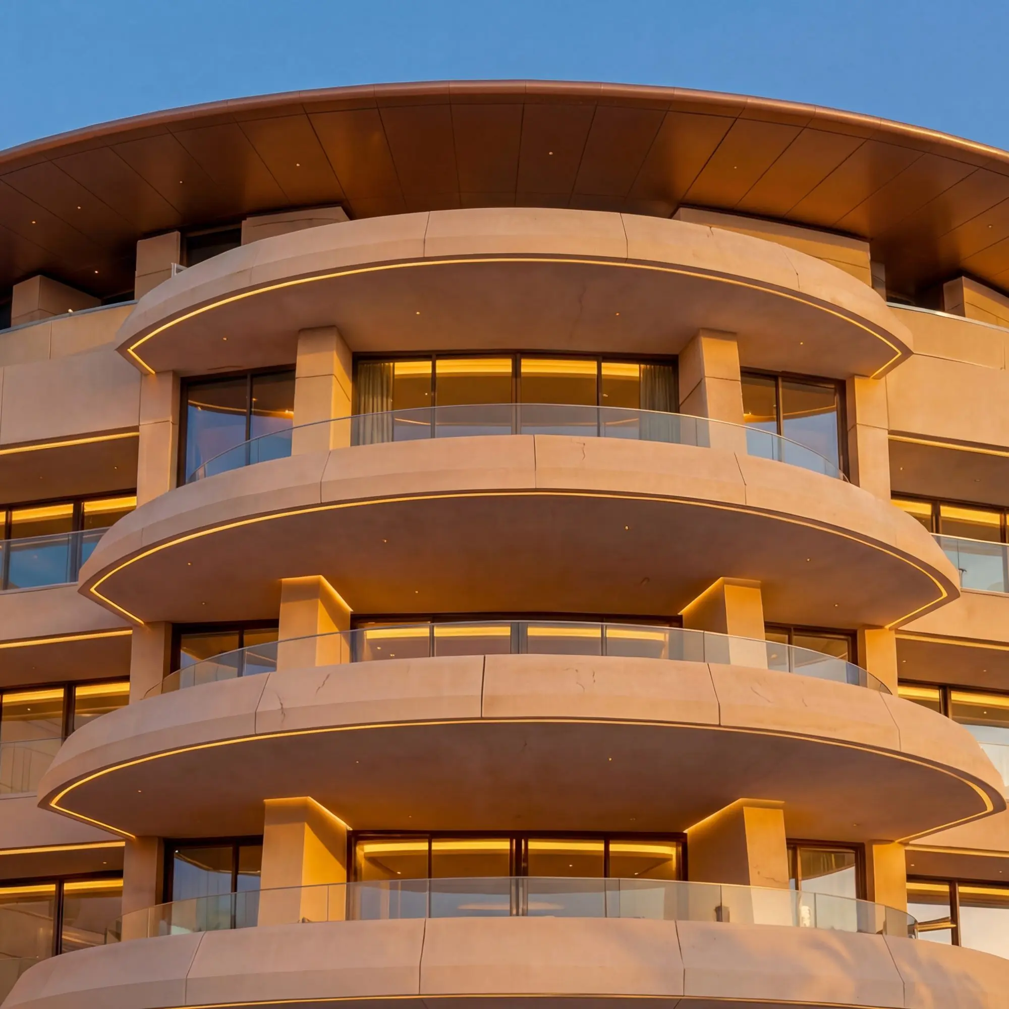 Luxury hotel exterior with curved balcony design