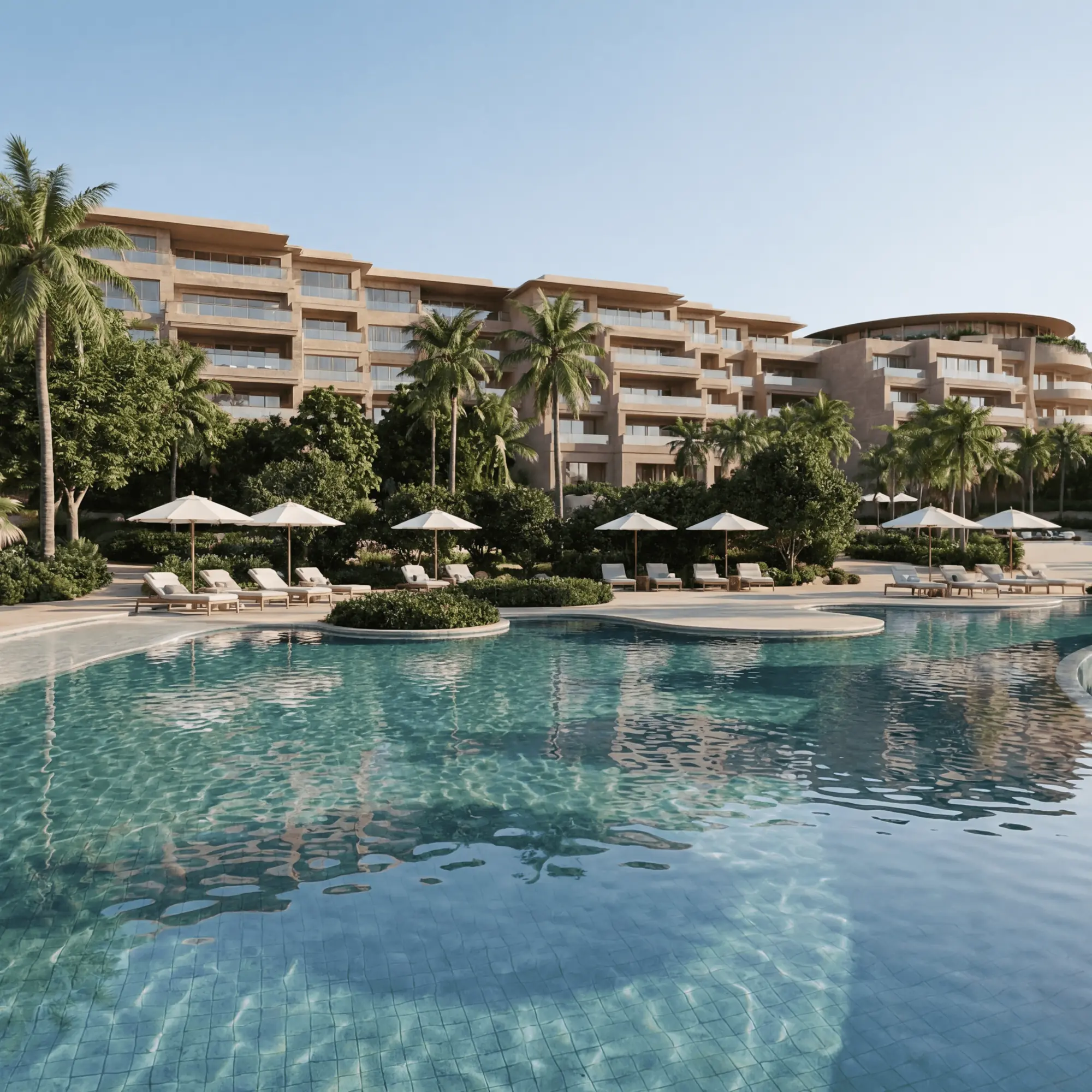 Luxury resort pool with beachfront hotel view