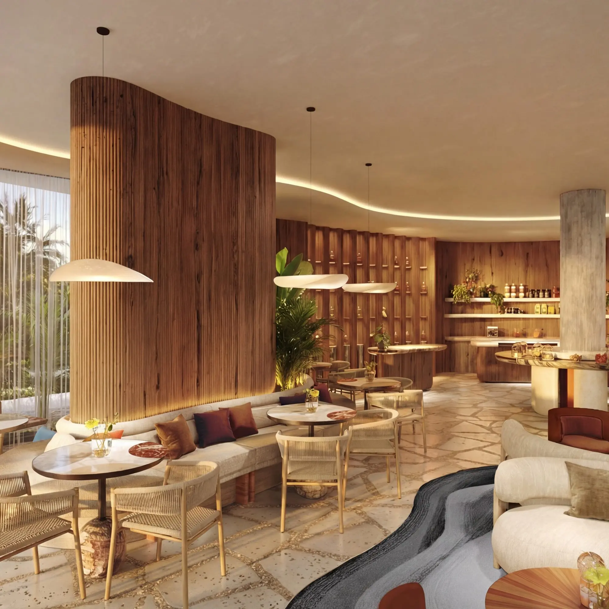 Elegant luxury restaurant interior with warm lighting