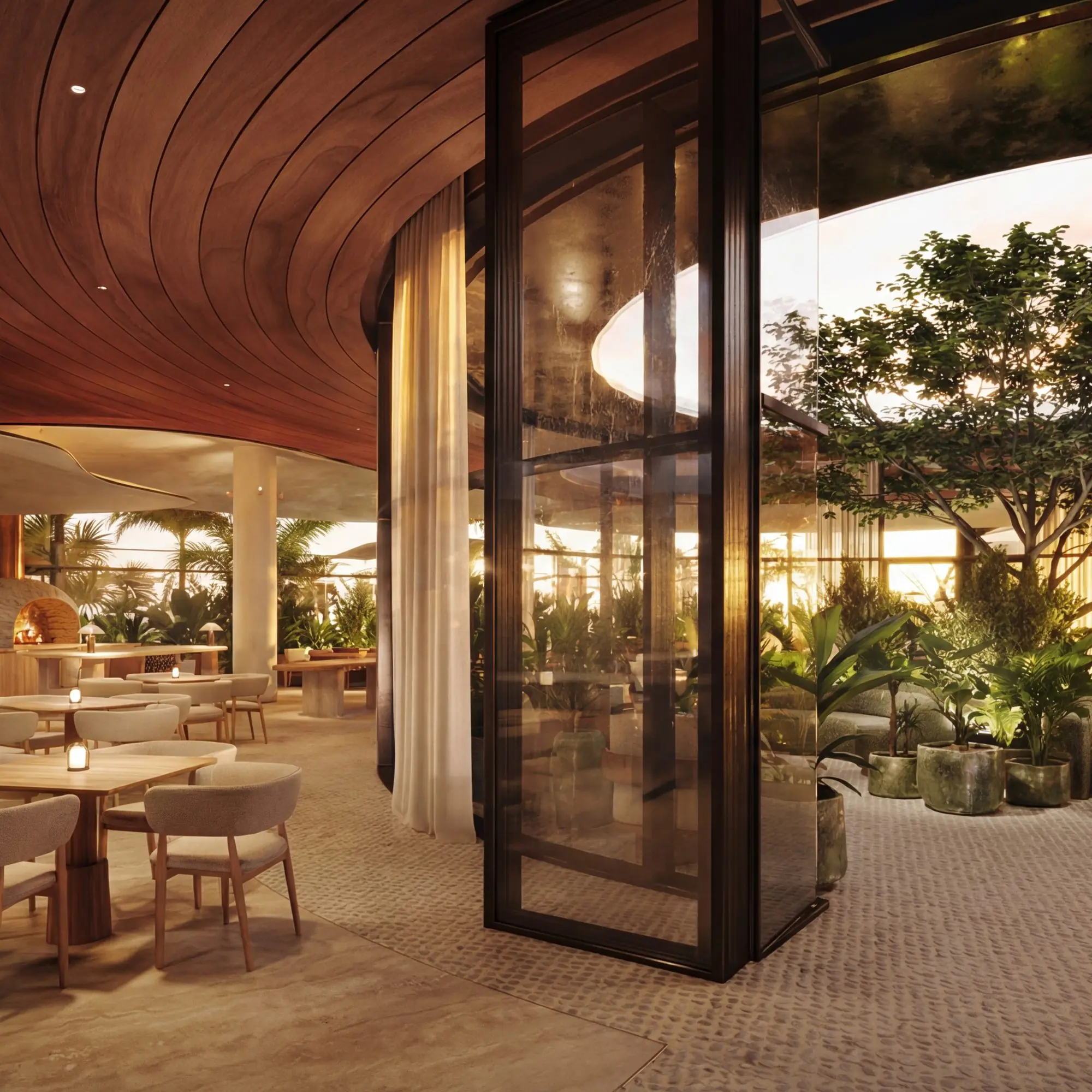 Luxury dining space with pizza oven and garden seating