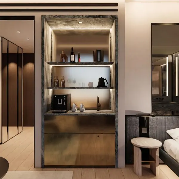 Modern hotel room minibar and shelving area