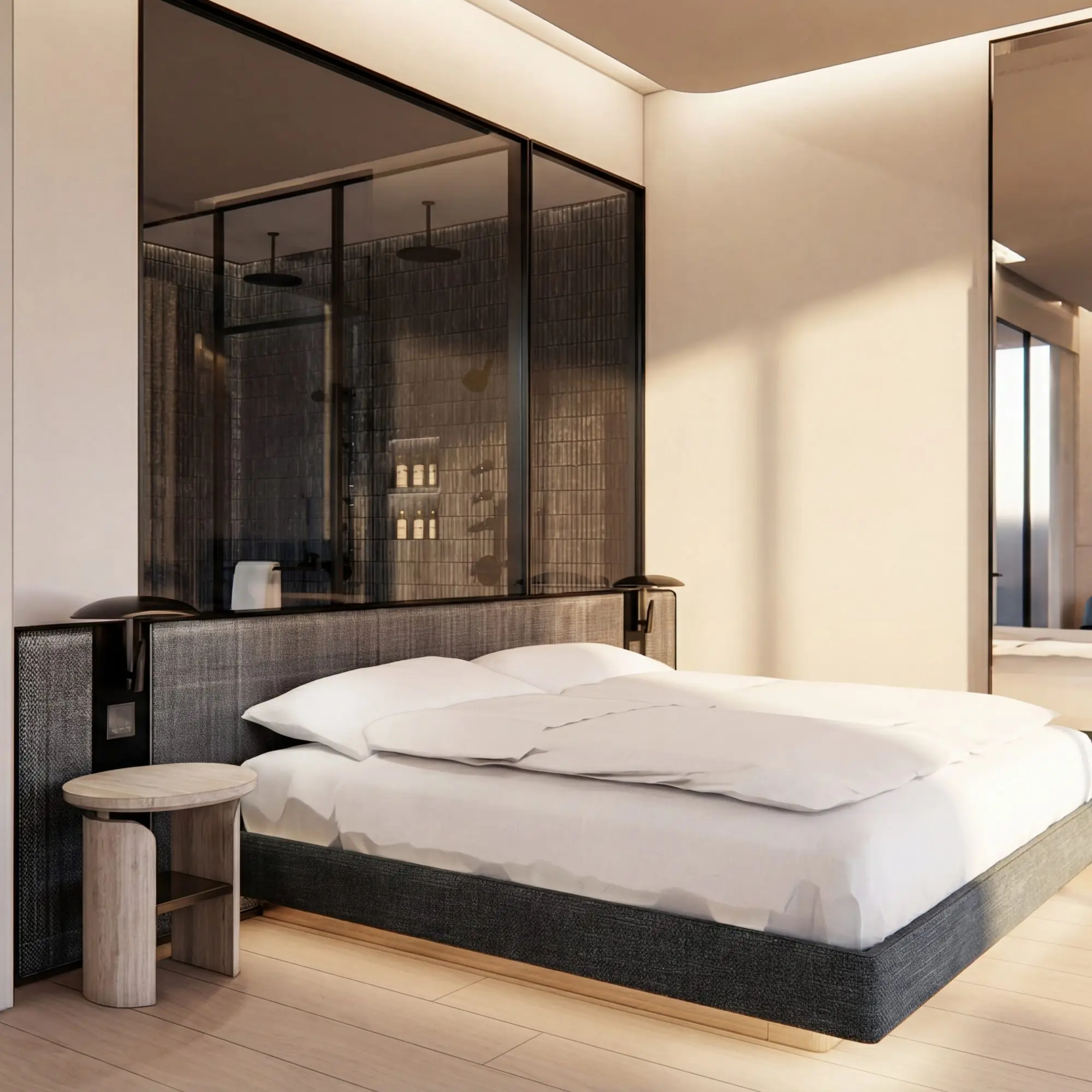Modern luxury hotel bedroom with contemporary design