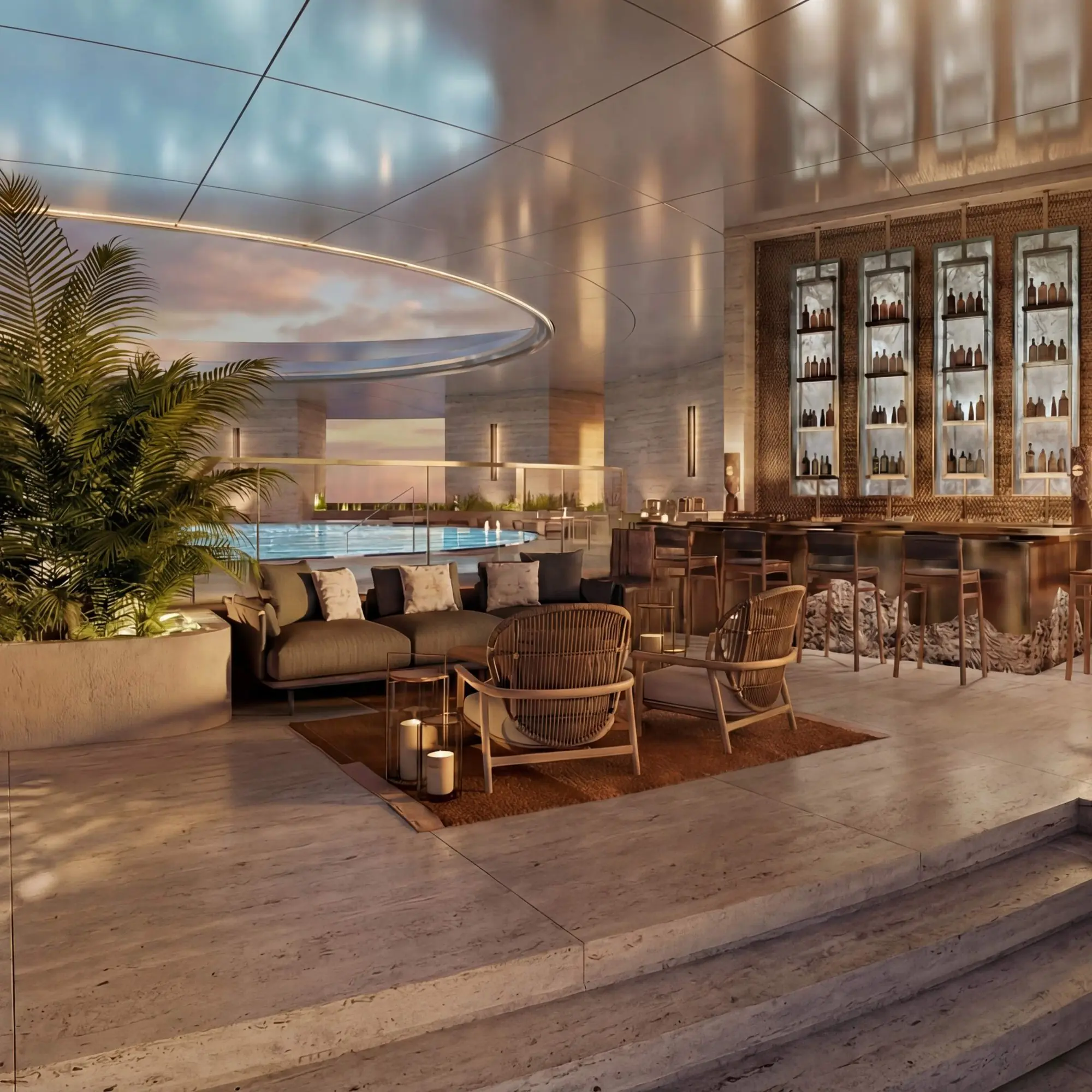 Amaala Luxury rooftop pool with lounge seating