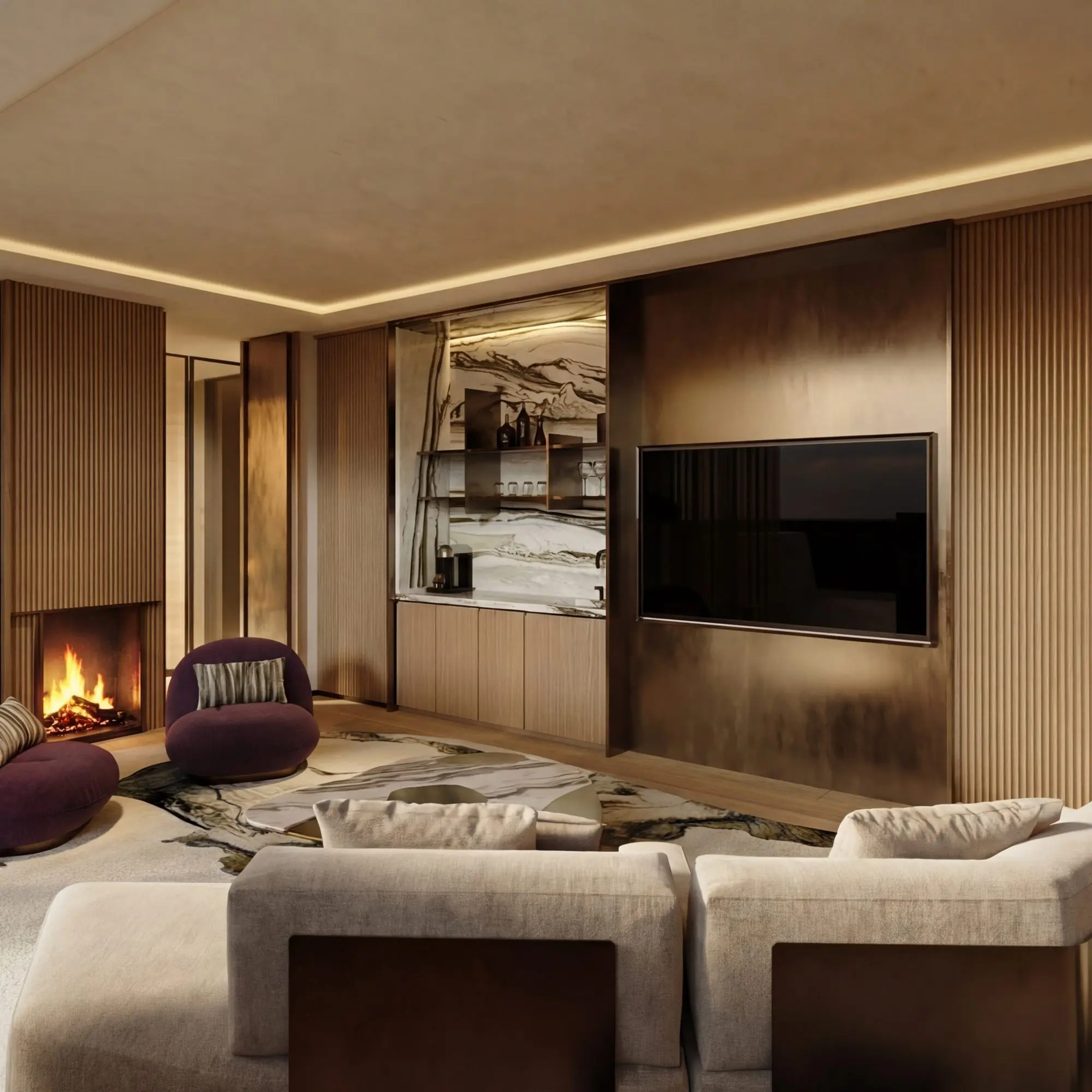 Modern penthouse living room with fireplace