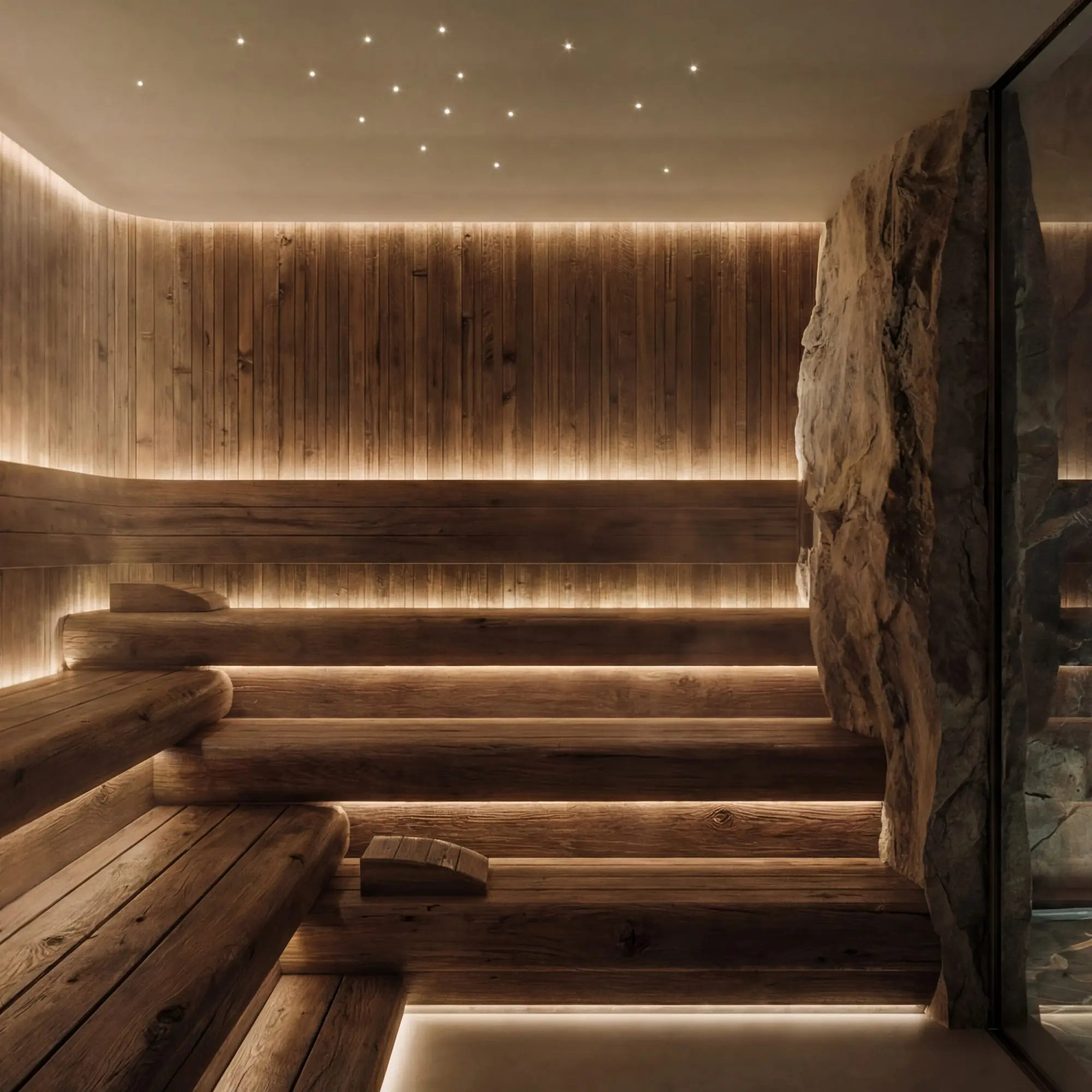 Luxury wooden sauna with ambient lighting