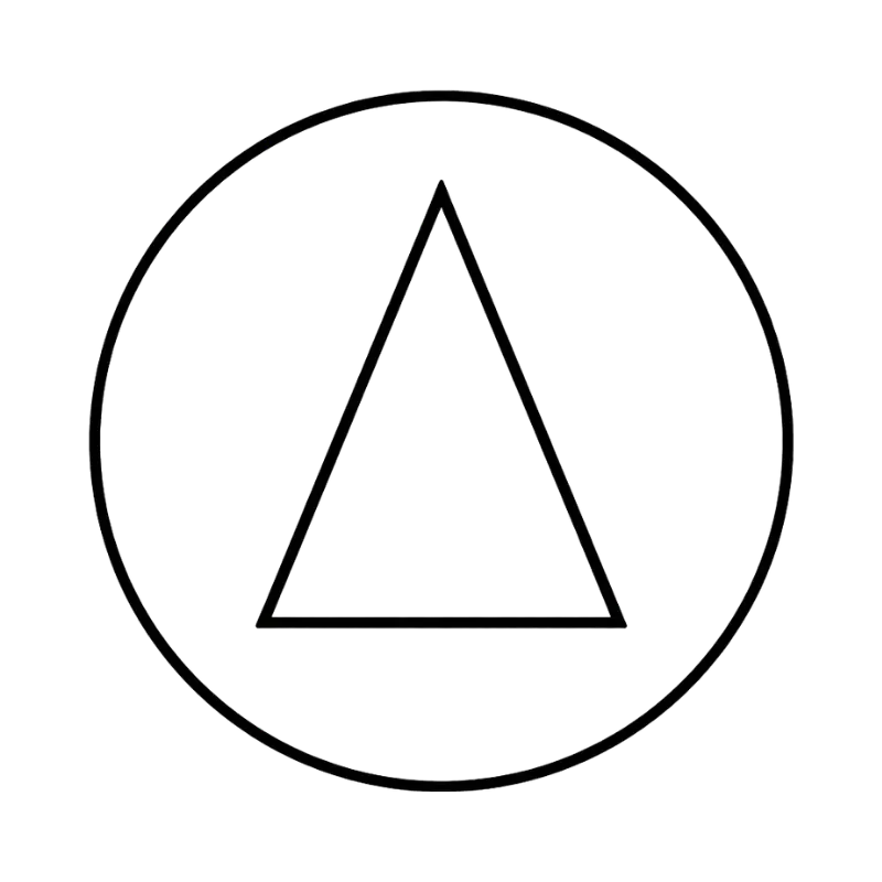 Outlined upright triangle centered inside a thin circular border on a black background.