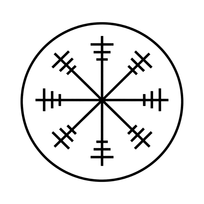 Circular black logo with a minimalist cross design and geometric line details.