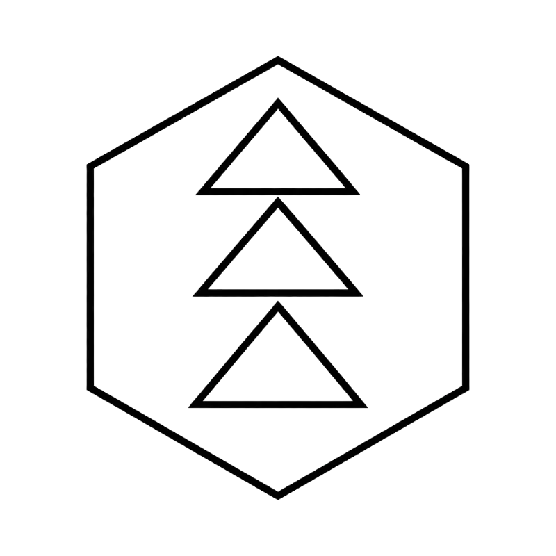 Minimal geometric logo featuring three stacked triangles inside a hexagon outline on a black background.