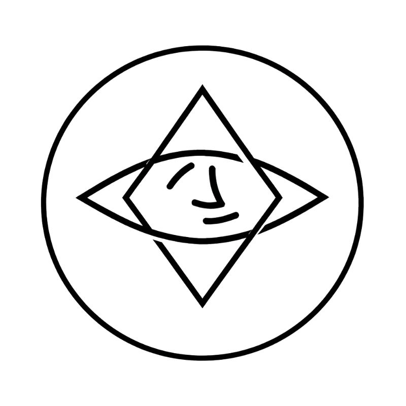 Abstract black logo featuring an eye inside overlapping geometric shapes within a circular outline.