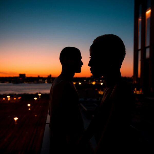 Two silhouetted figures stand on a terrace at sunset, framed by vibrant sky and city lights across the water.