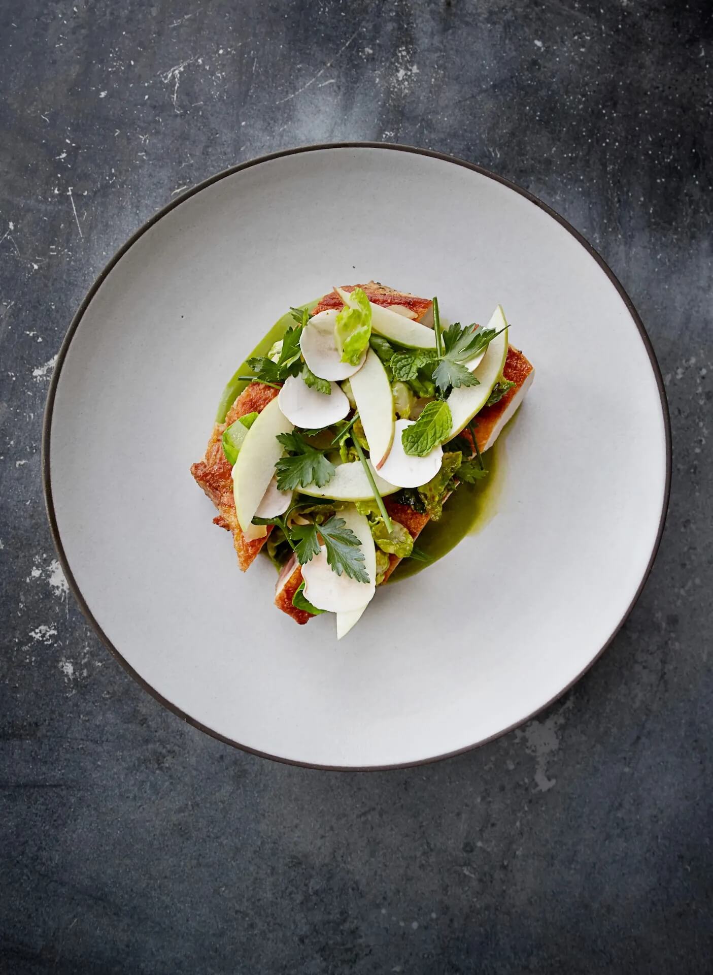 Gourmet dish with seared meat or fish, radish slices, green herbs, and artistic green sauce on white plate.