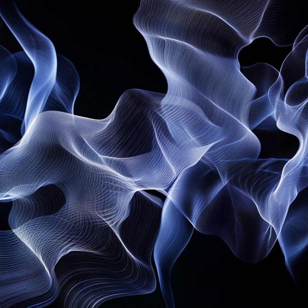 Abstract waves of luminous blue lines flow across a dark background, evoking motion, lightness, and digital elegance.
