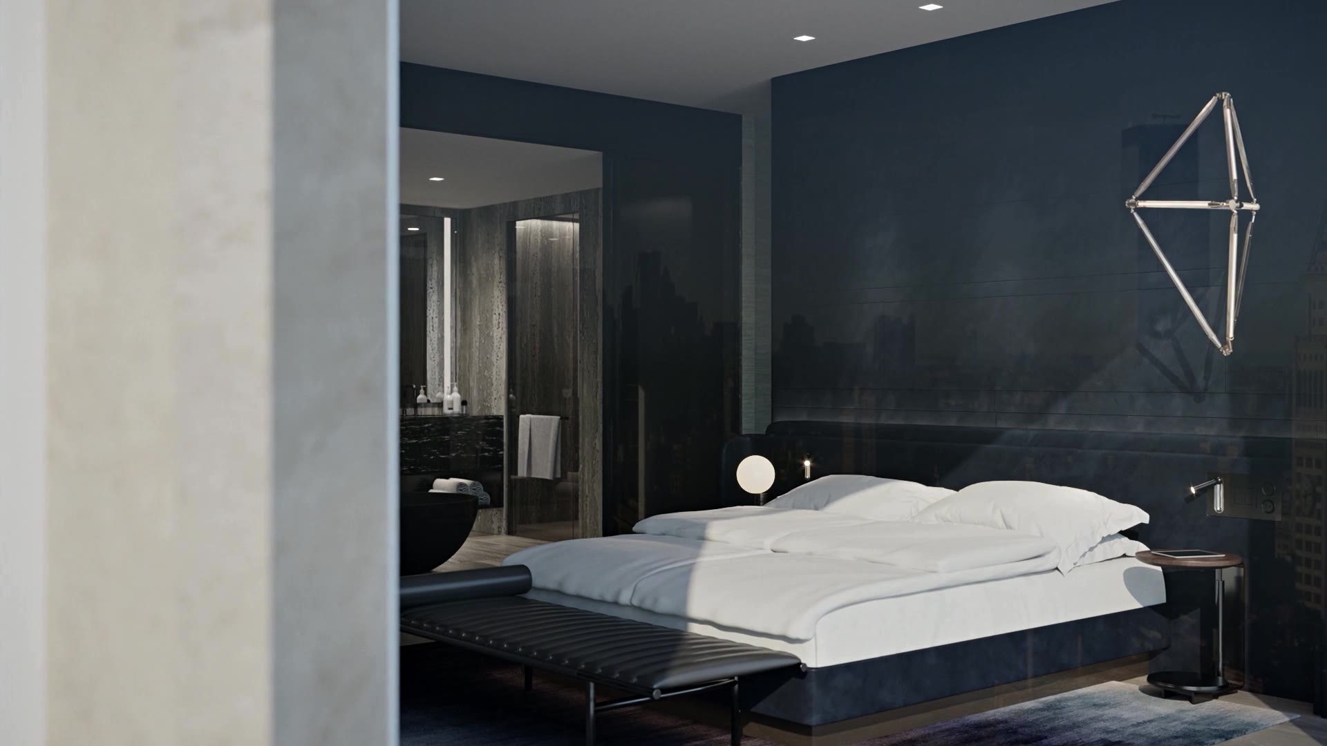 Modern bedroom with white bedding, cityscape mural, and freestanding tub visible through open doorway.