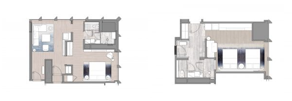 Two residential layouts: shared living space on the left, compact bedroom setup on the right.