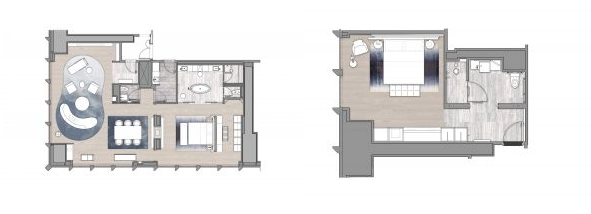 Two-level floor plan with open living space below and private suite above.